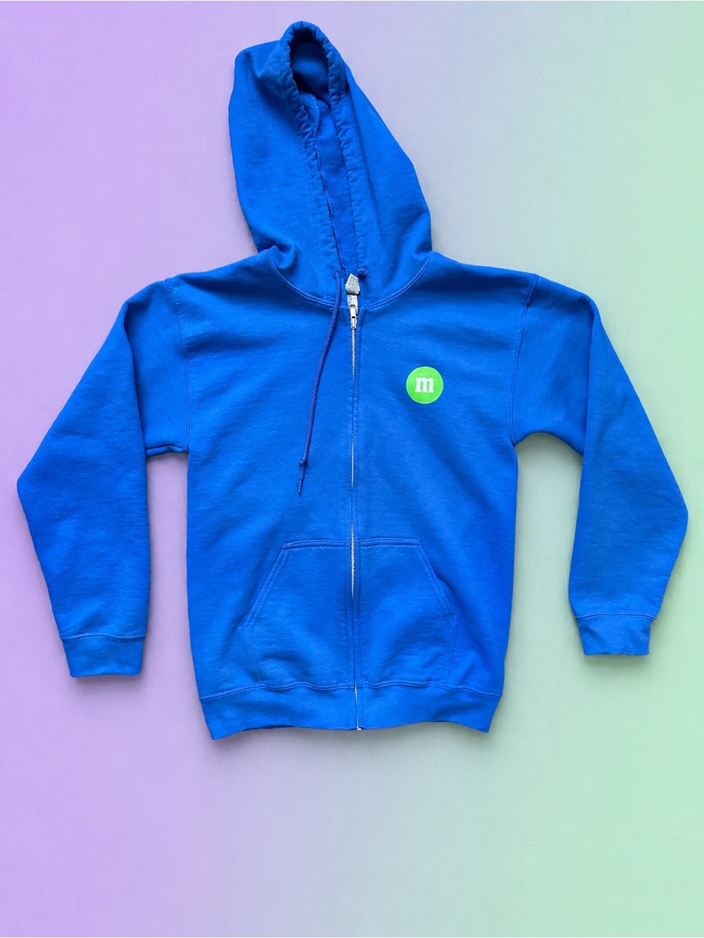 Blue zip up hoodie with m&m graphic small